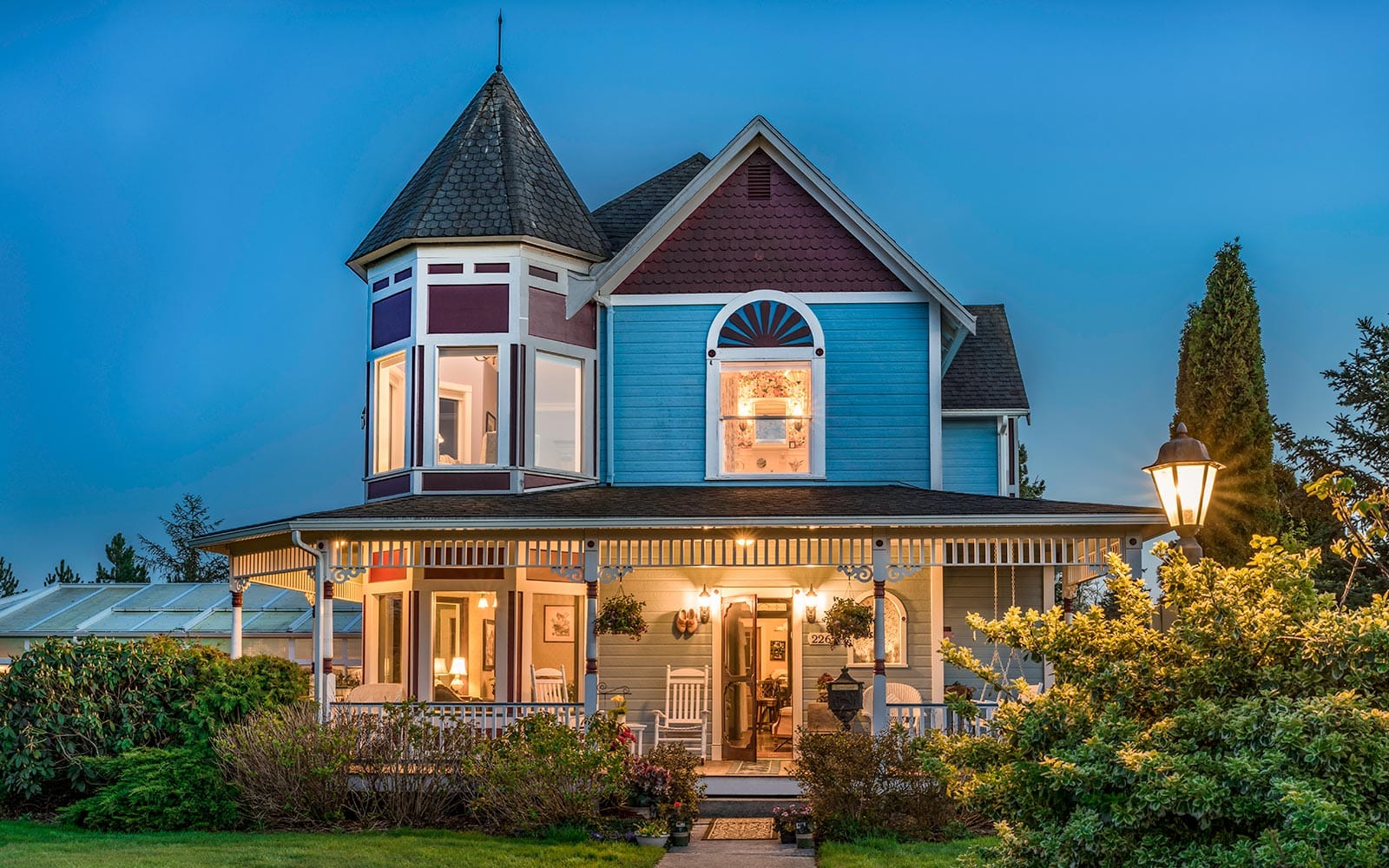 Our Bellingham Bed and Breakfast exterior at night - perfect for romantic getaways in Washington