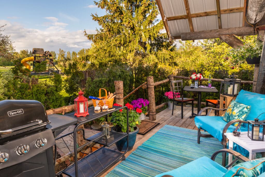 View of the deck and groounds at the best glamping in Washington.